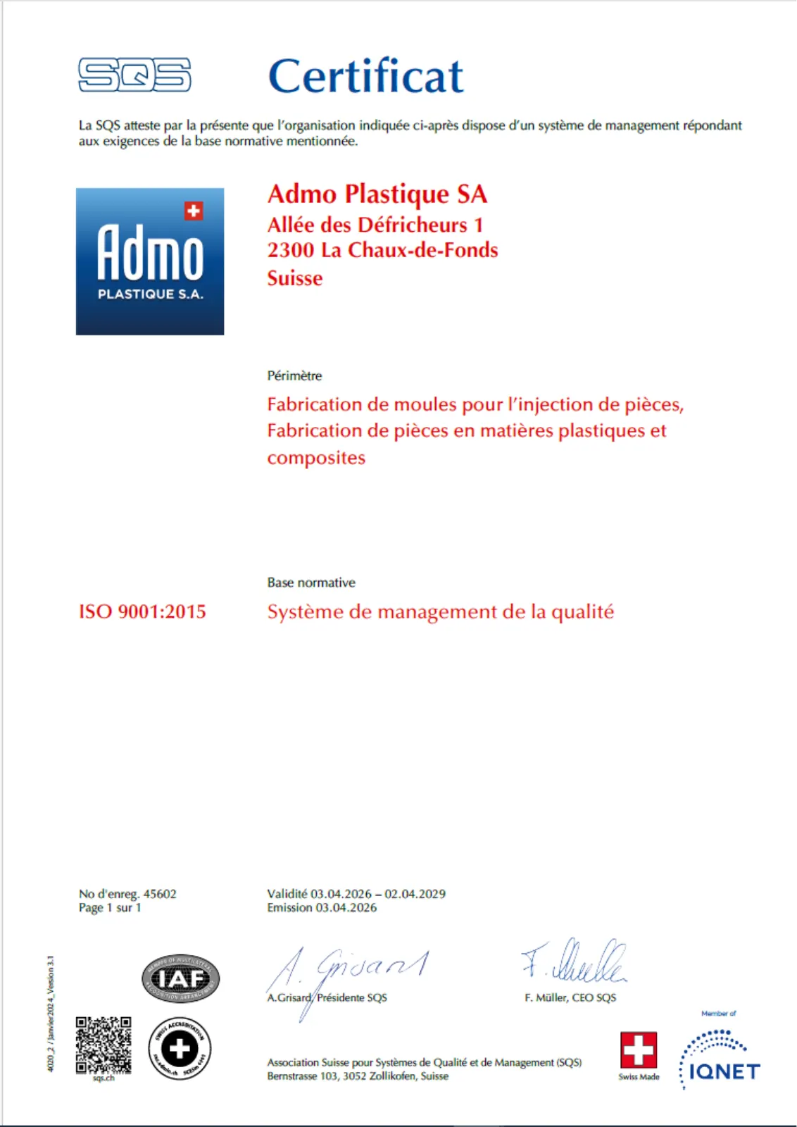 Certificat SQS original Admo Plastique — ISO 9001
