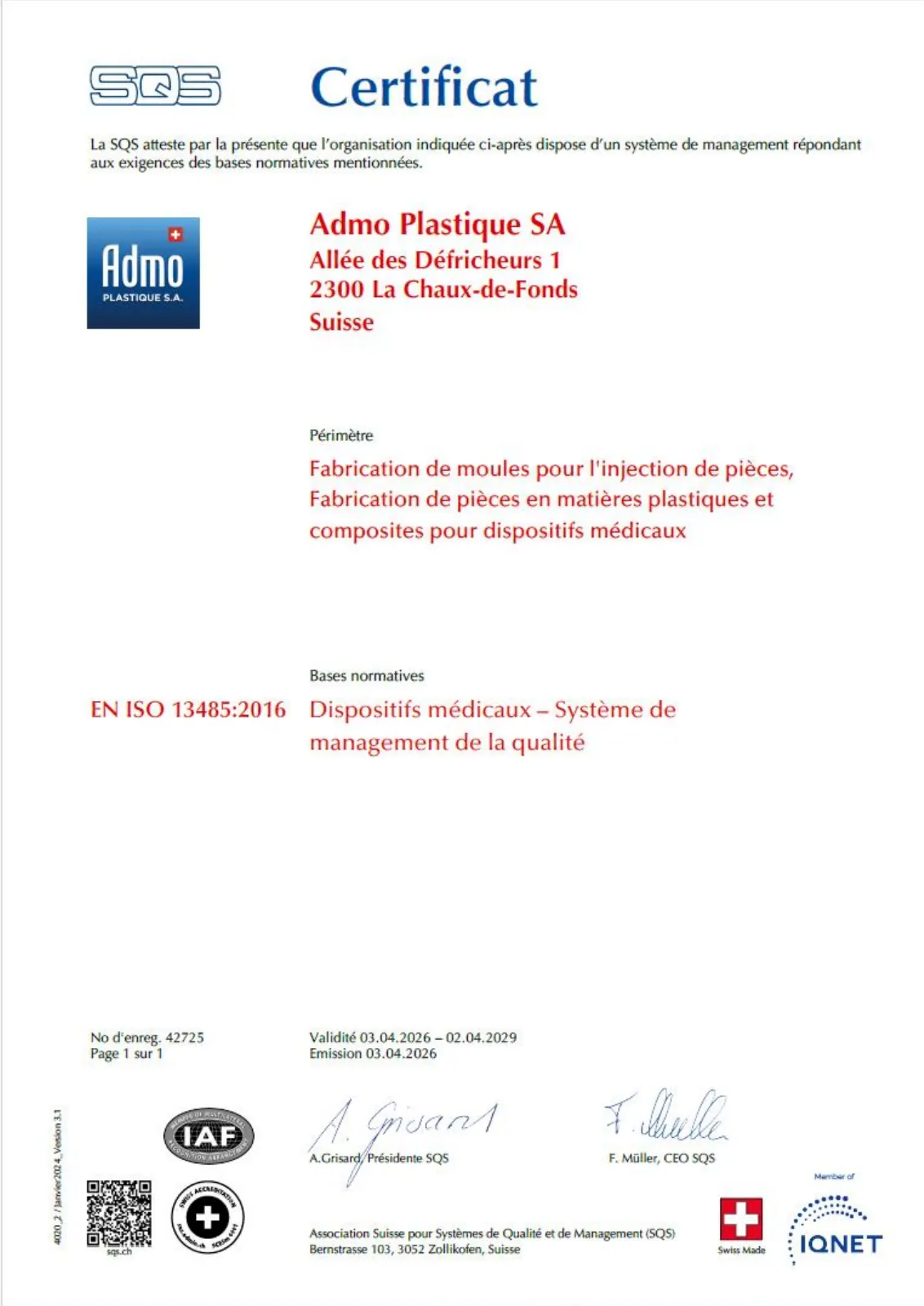 Certificat SQS original Admo Plastique — ISO 13485