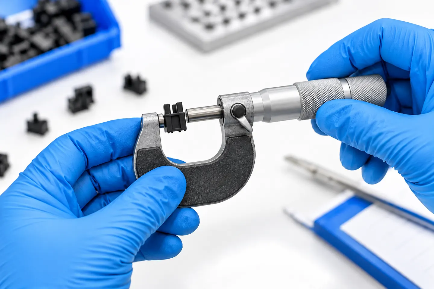 Micromètre positionné autour d’un petit connecteur en polymère