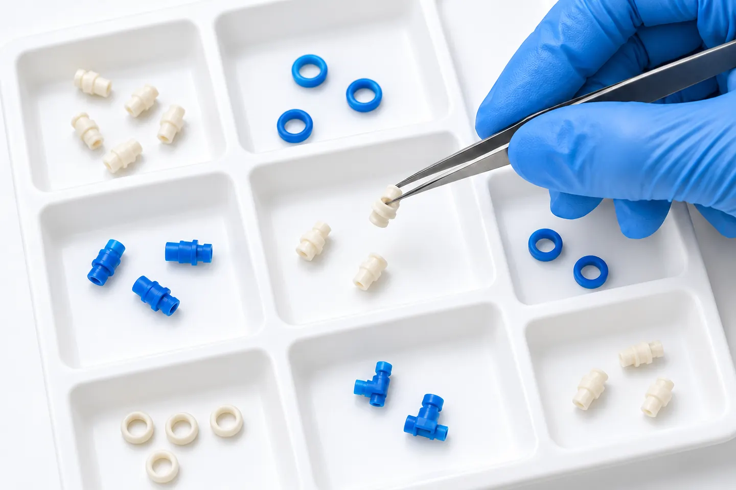 Petits composants en polymère manipulés avec une pince dans un plateau blanc